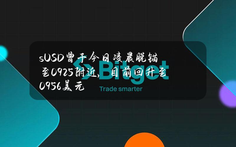 sUSD曾于今日凌晨脱锚至0.925附近，目前回升至0.956美元